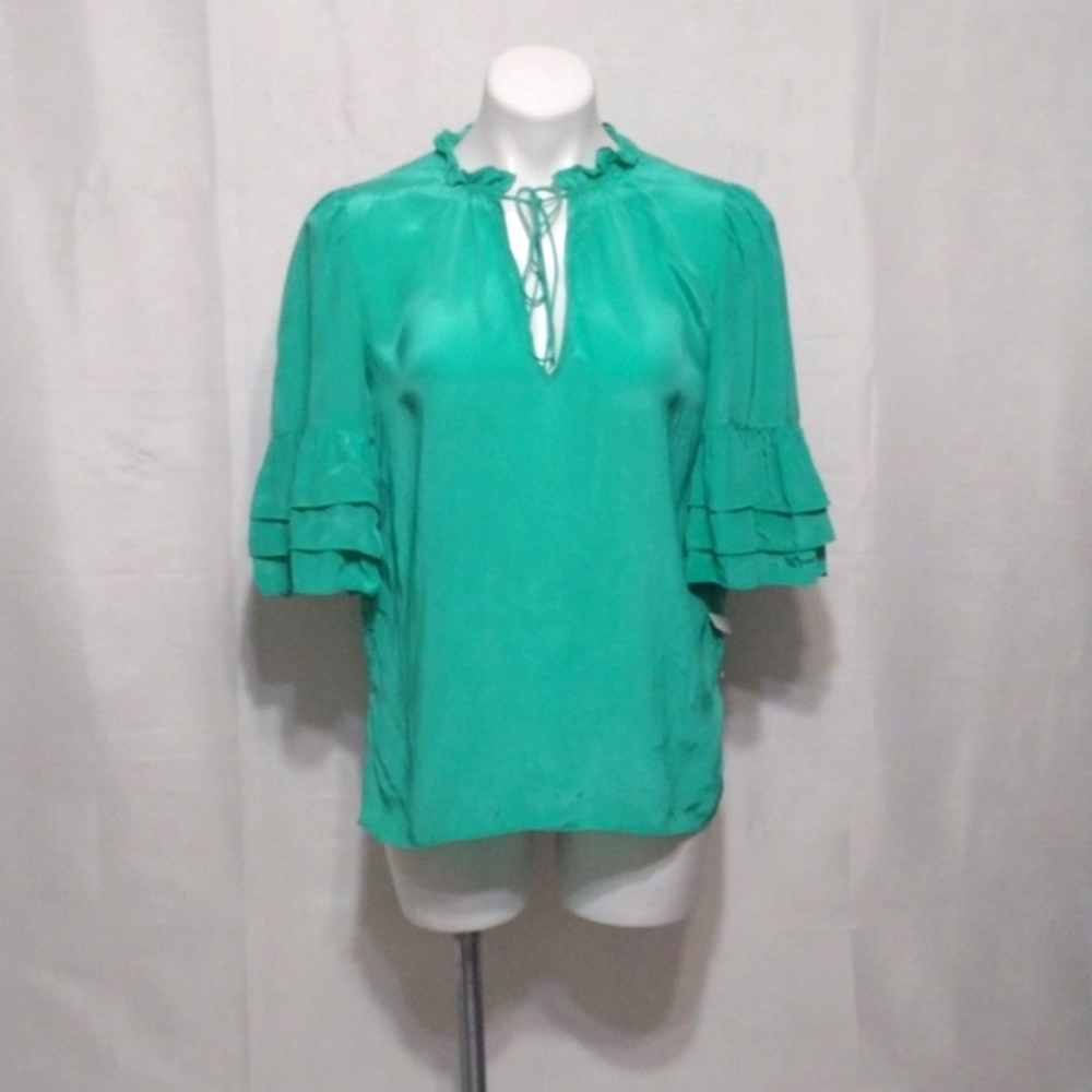 NEW Alice + Olivia Ruffled Tie Front Blouse XS Tiered Sleeve Feminine Chic